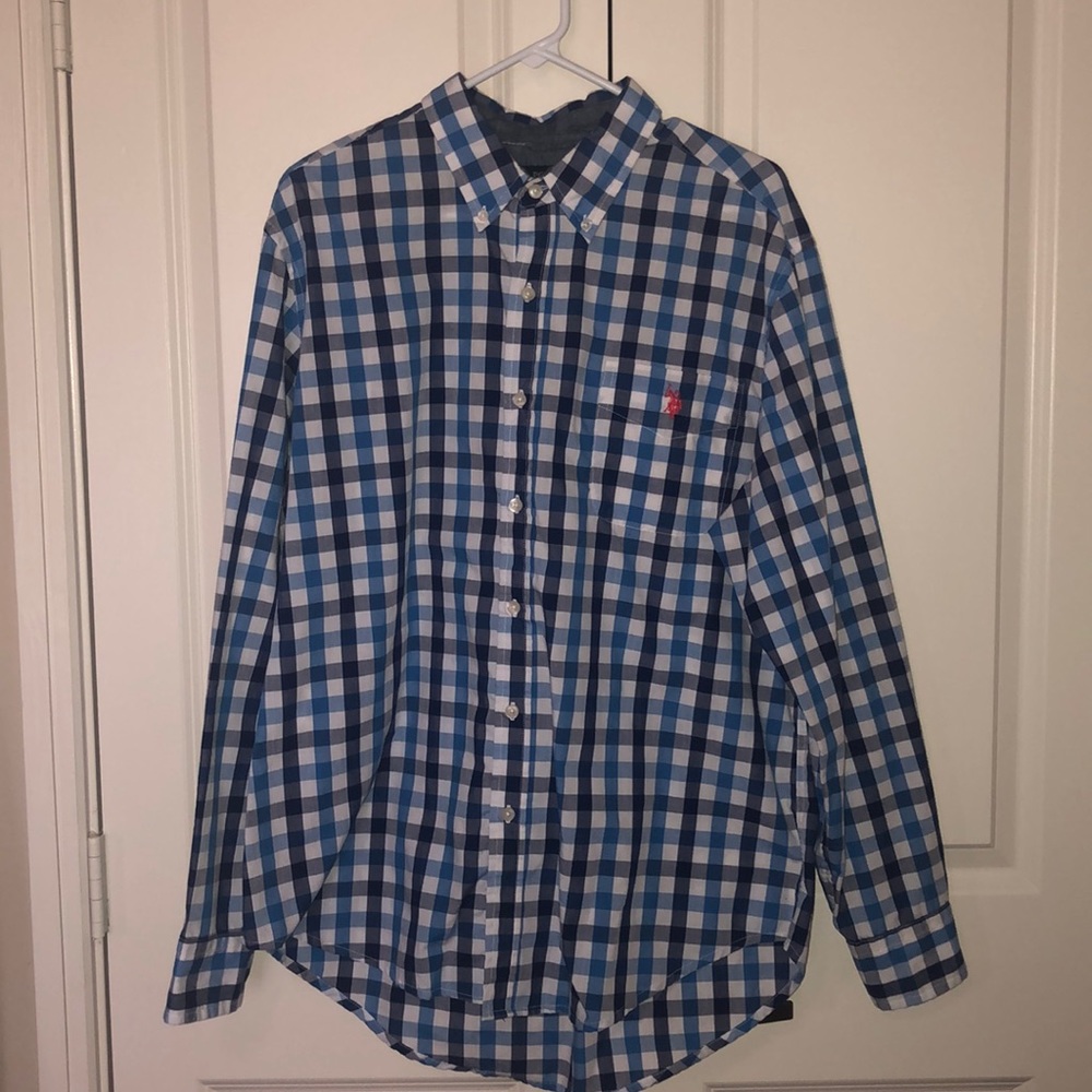 Blue checkered button up shirt